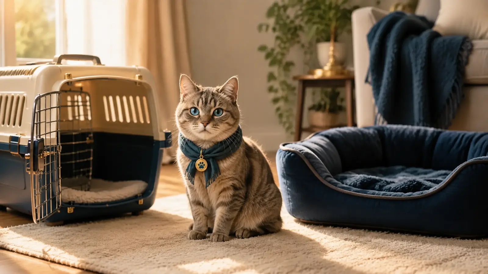 Ghost se tient entre une caisse de transport ouverte et un couchage prêt pour l’adoption.