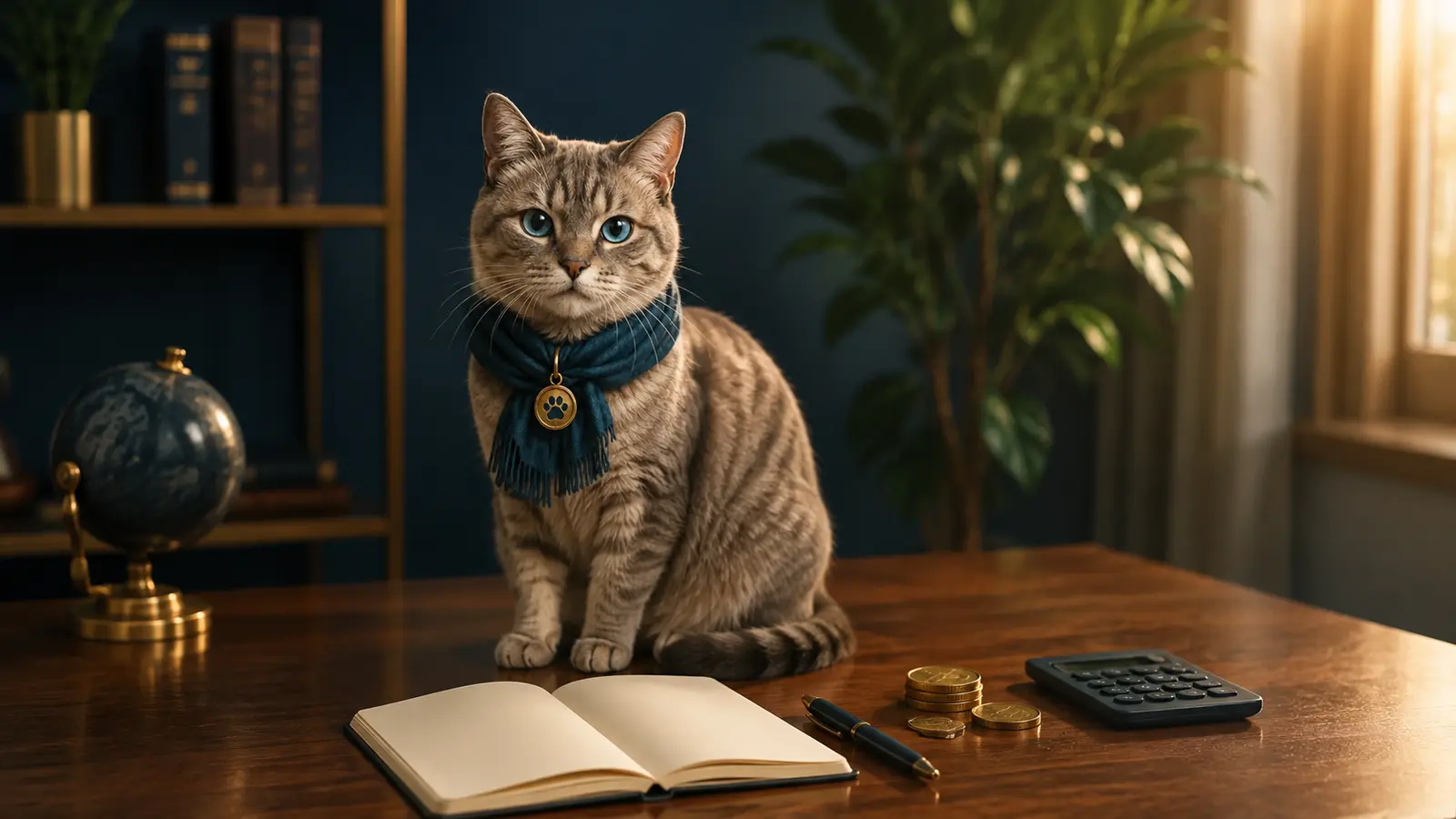 Ghost organise le budget mensuel avec un carnet, une calculatrice et quelques pièces.