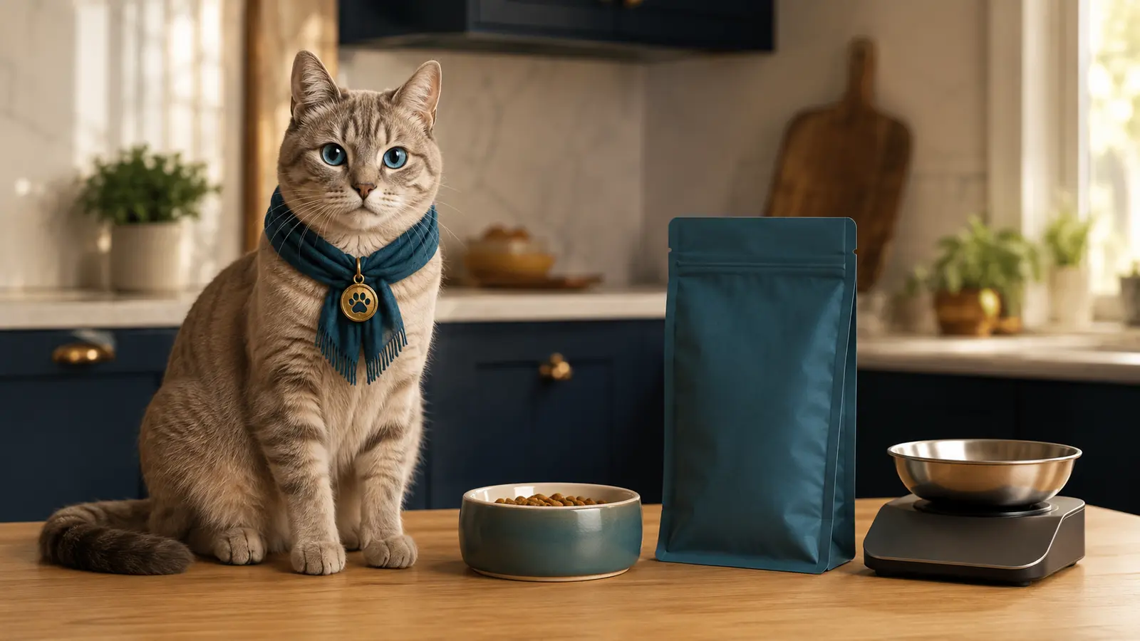 Ghost compare un sac de croquettes, une gamelle et une balance de cuisine.