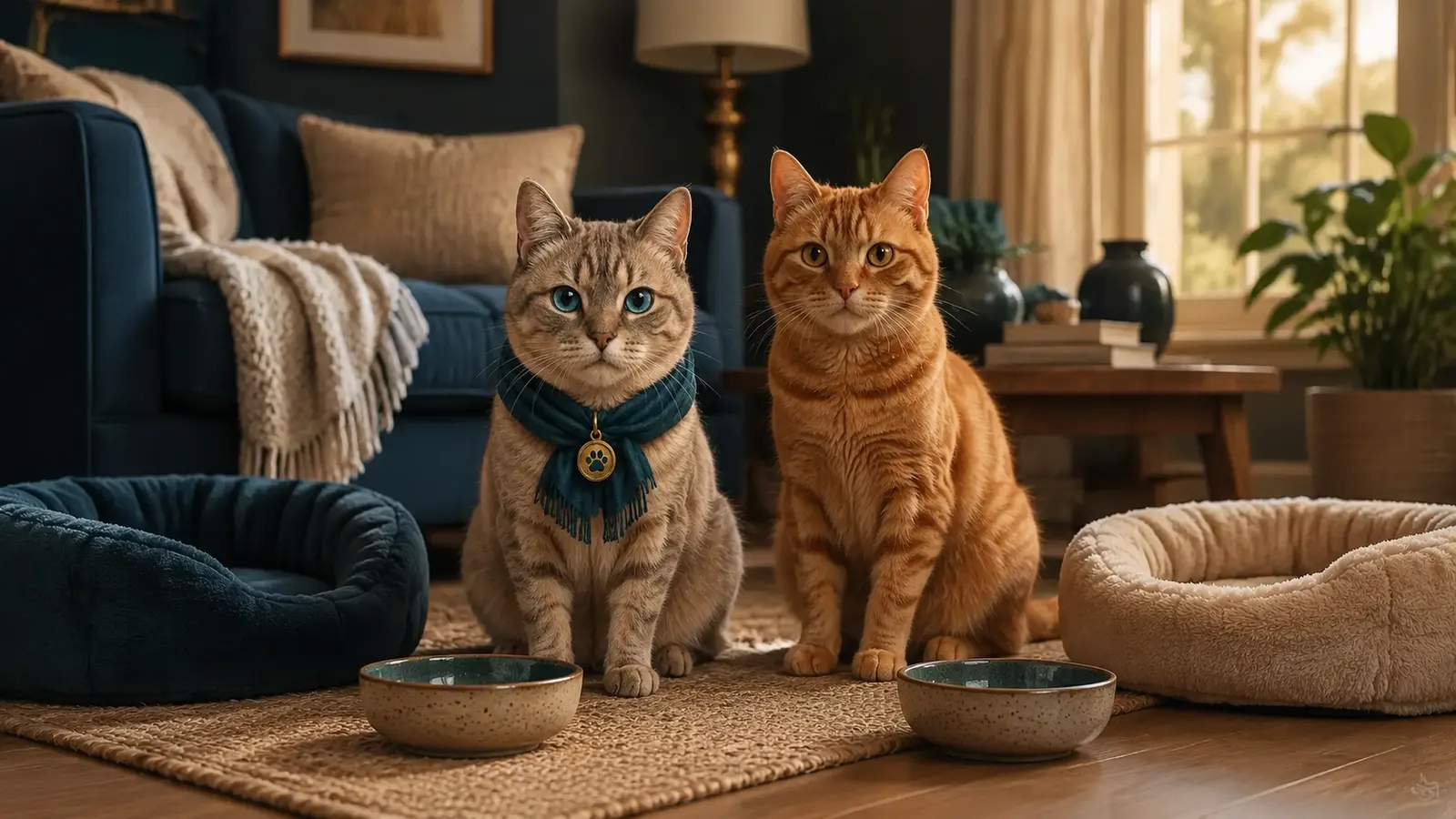 Ghost et un chat roux disposent chacun d’un couchage et d’une gamelle.